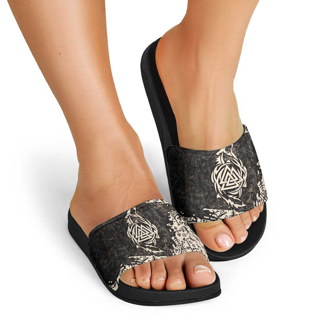 Fenrir Slide Sandals with Norse Symbols and Howling Wolf Viking Mythology Tribute - Wonder Print Shop
