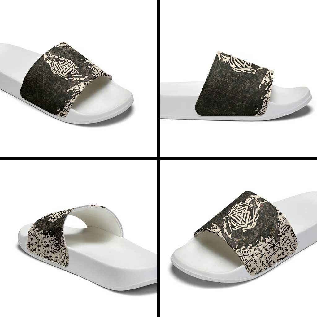 Fenrir Slide Sandals with Norse Symbols and Howling Wolf Viking Mythology Tribute - Wonder Print Shop