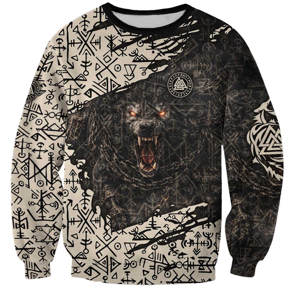Fenrir Sweatshirt with Norse Symbols and Howling Wolf Viking Mythology Tribute - Wonder Print Shop