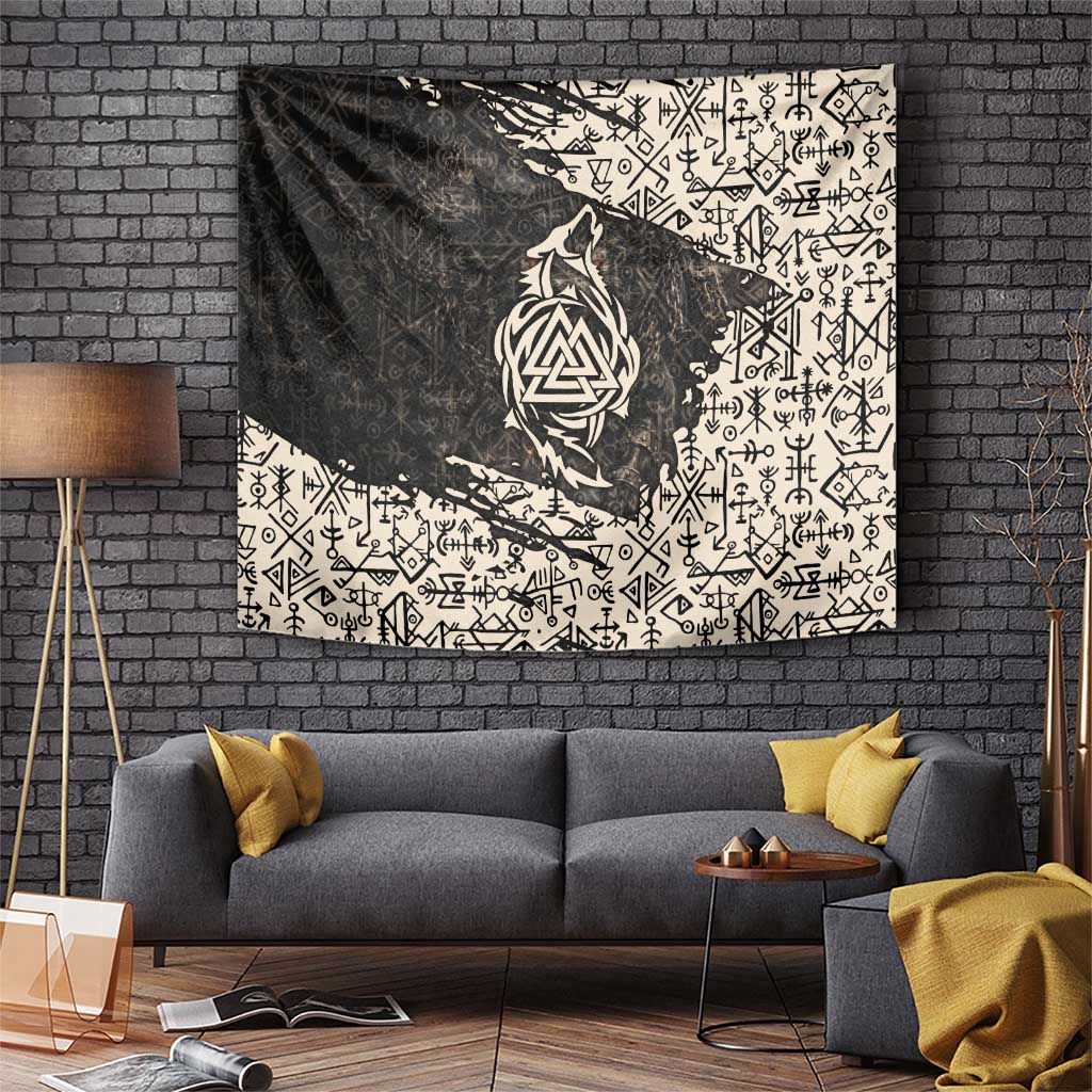 Fenrir Tapestry with Norse Symbols and Howling Wolf Viking Mythology Tribute - Wonder Print Shop