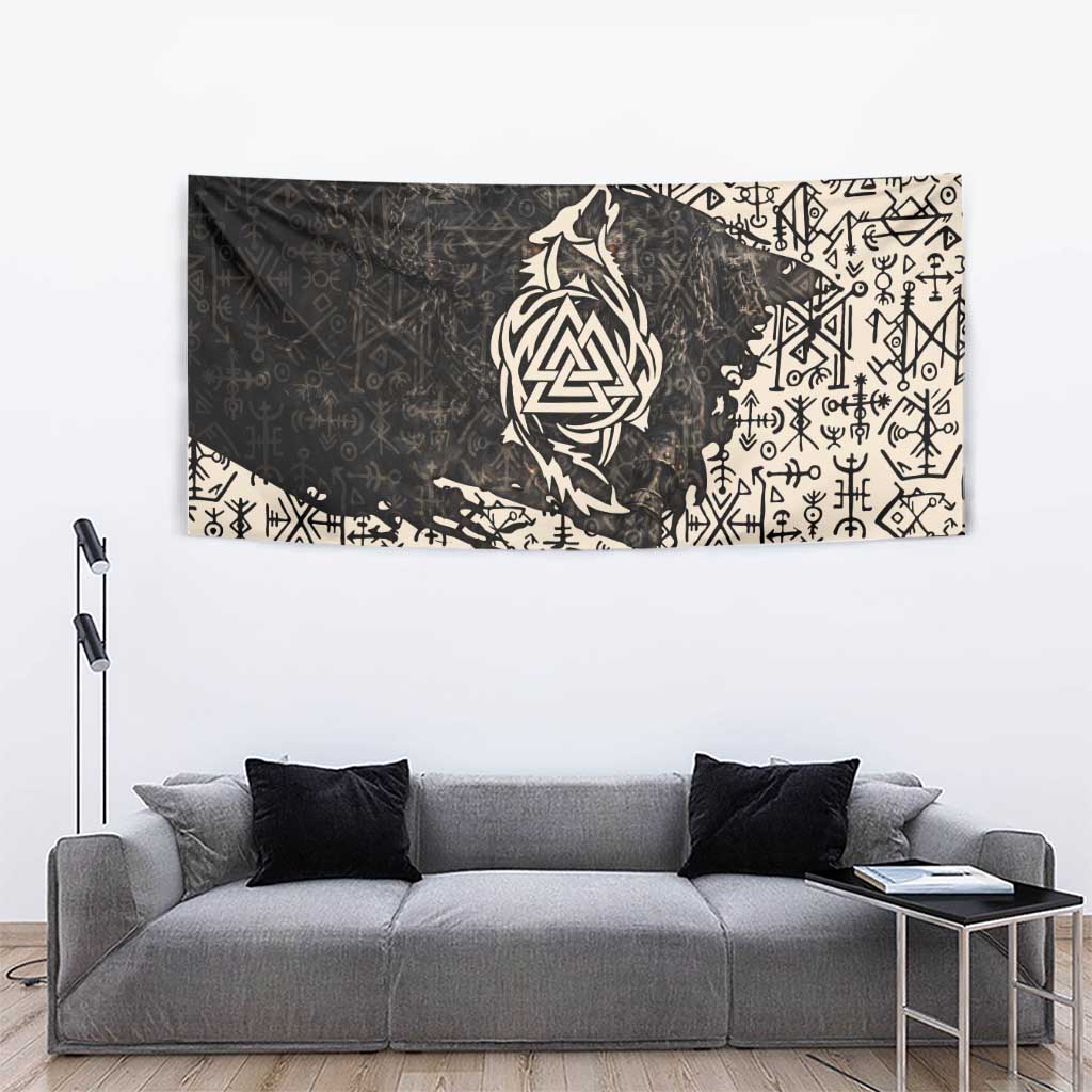 Fenrir Tapestry with Norse Symbols and Howling Wolf Viking Mythology Tribute - Wonder Print Shop