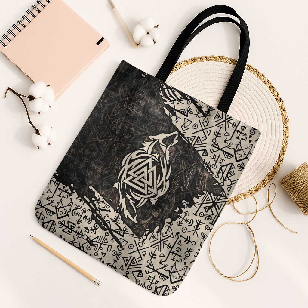 Fenrir Tote Bag with Norse Symbols and Howling Wolf Viking Mythology Tribute - Wonder Print Shop