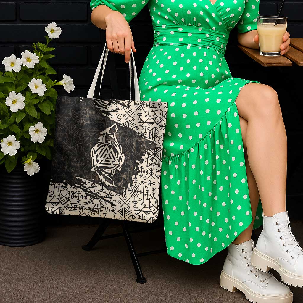 Fenrir Tote Bag with Norse Symbols and Howling Wolf Viking Mythology Tribute - Wonder Print Shop