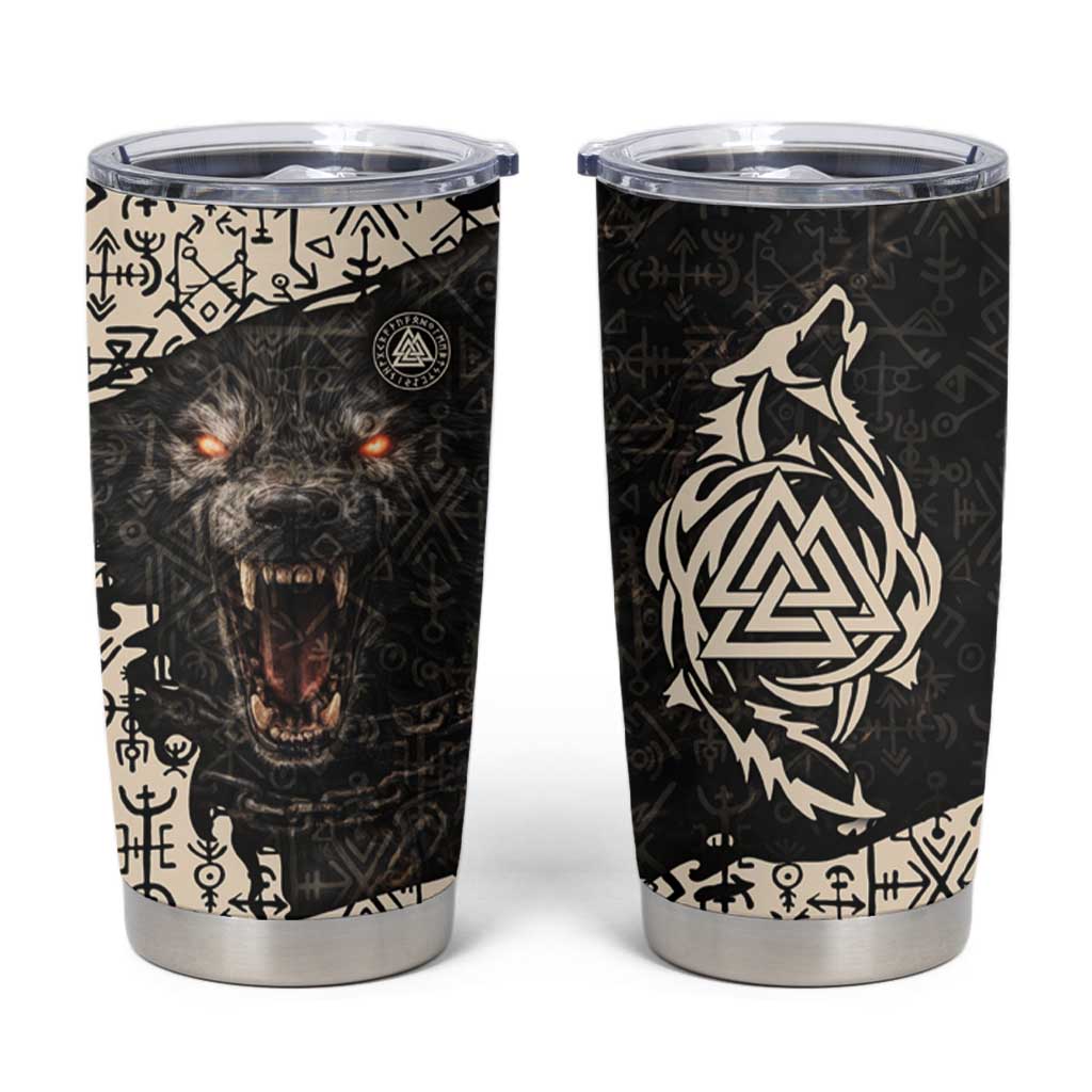 Fenrir Tumbler Cup with Norse Symbols and Howling Wolf Viking Mythology Tribute - Wonder Print Shop
