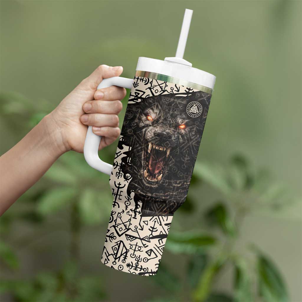 Fenrir Tumbler With Handle with Norse Symbols and Howling Wolf Viking Mythology Tribute - Wonder Print Shop