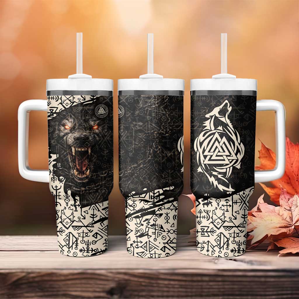 Fenrir Tumbler With Handle with Norse Symbols and Howling Wolf Viking Mythology Tribute - Wonder Print Shop