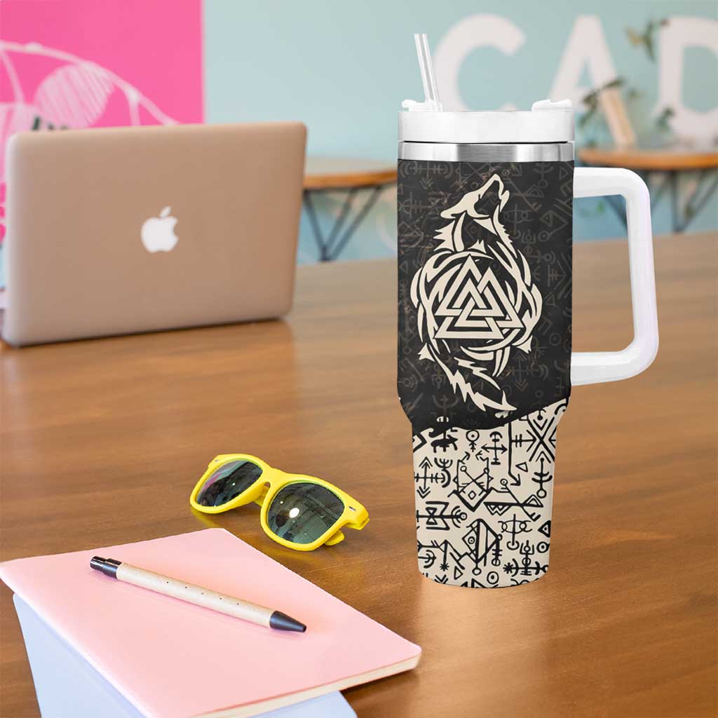 Fenrir Tumbler With Handle with Norse Symbols and Howling Wolf Viking Mythology Tribute - Wonder Print Shop