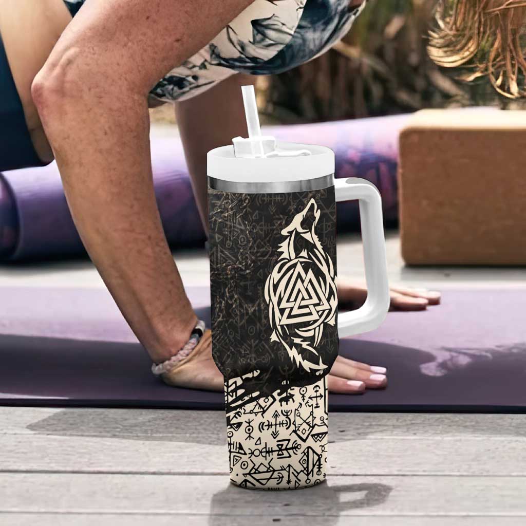 Fenrir Tumbler With Handle with Norse Symbols and Howling Wolf Viking Mythology Tribute - Wonder Print Shop