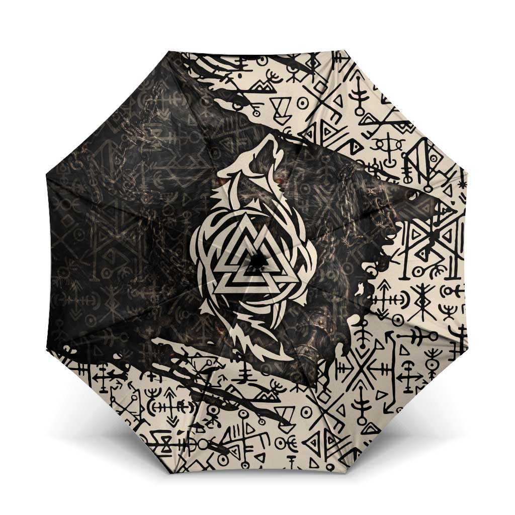 Fenrir Umbrella with Norse Symbols and Howling Wolf Viking Mythology Tribute - Wonder Print Shop