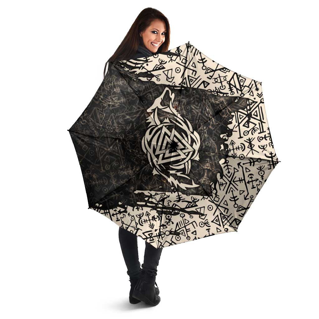 Fenrir Umbrella with Norse Symbols and Howling Wolf Viking Mythology Tribute - Wonder Print Shop