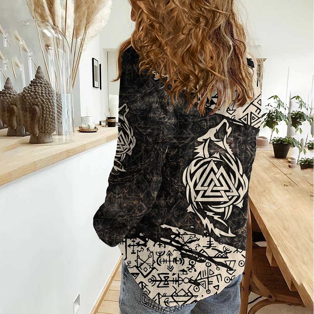 Fenrir Women Casual Shirt with Norse Symbols and Howling Wolf Viking Mythology Tribute - Wonder Print Shop