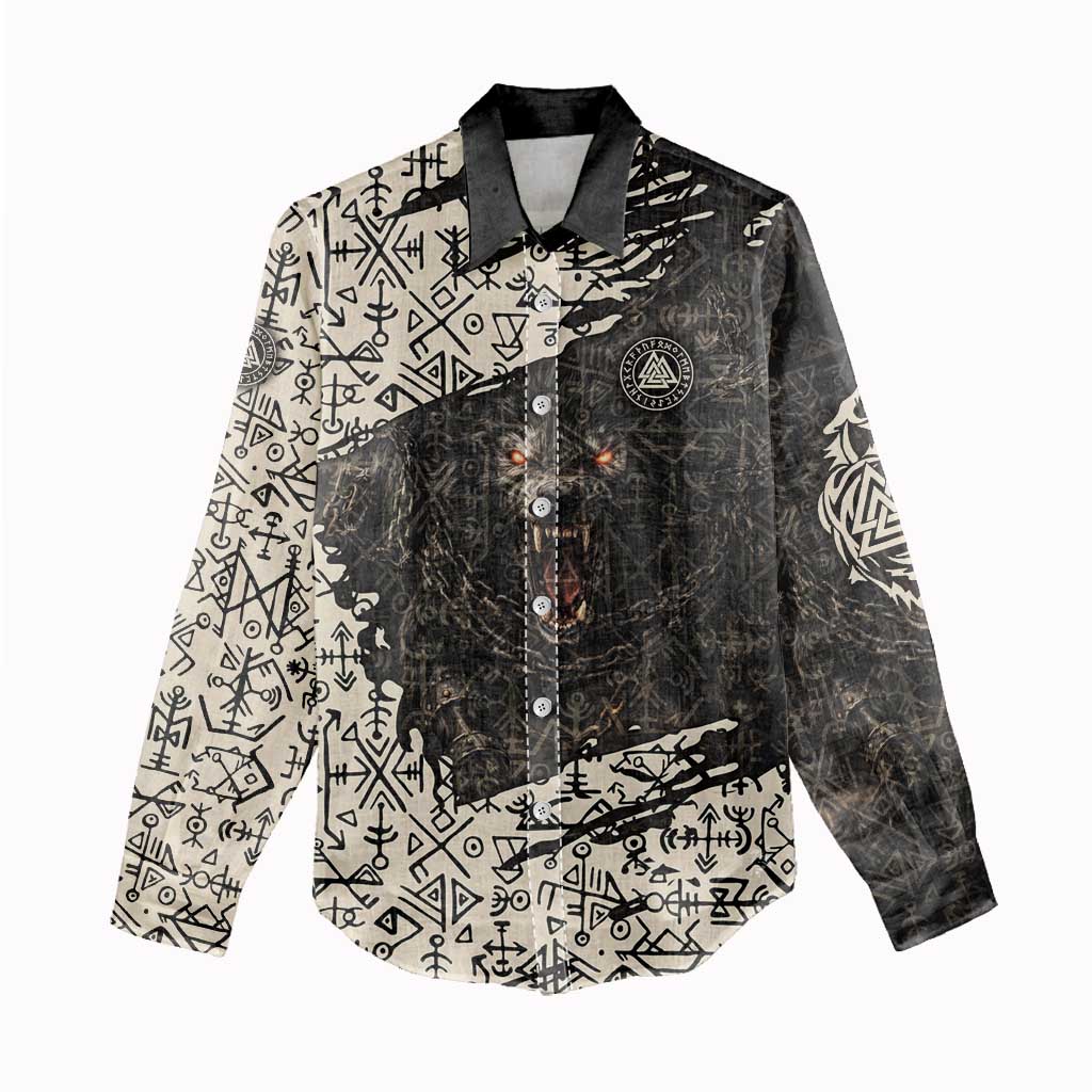 Fenrir Women Casual Shirt with Norse Symbols and Howling Wolf Viking Mythology Tribute - Wonder Print Shop