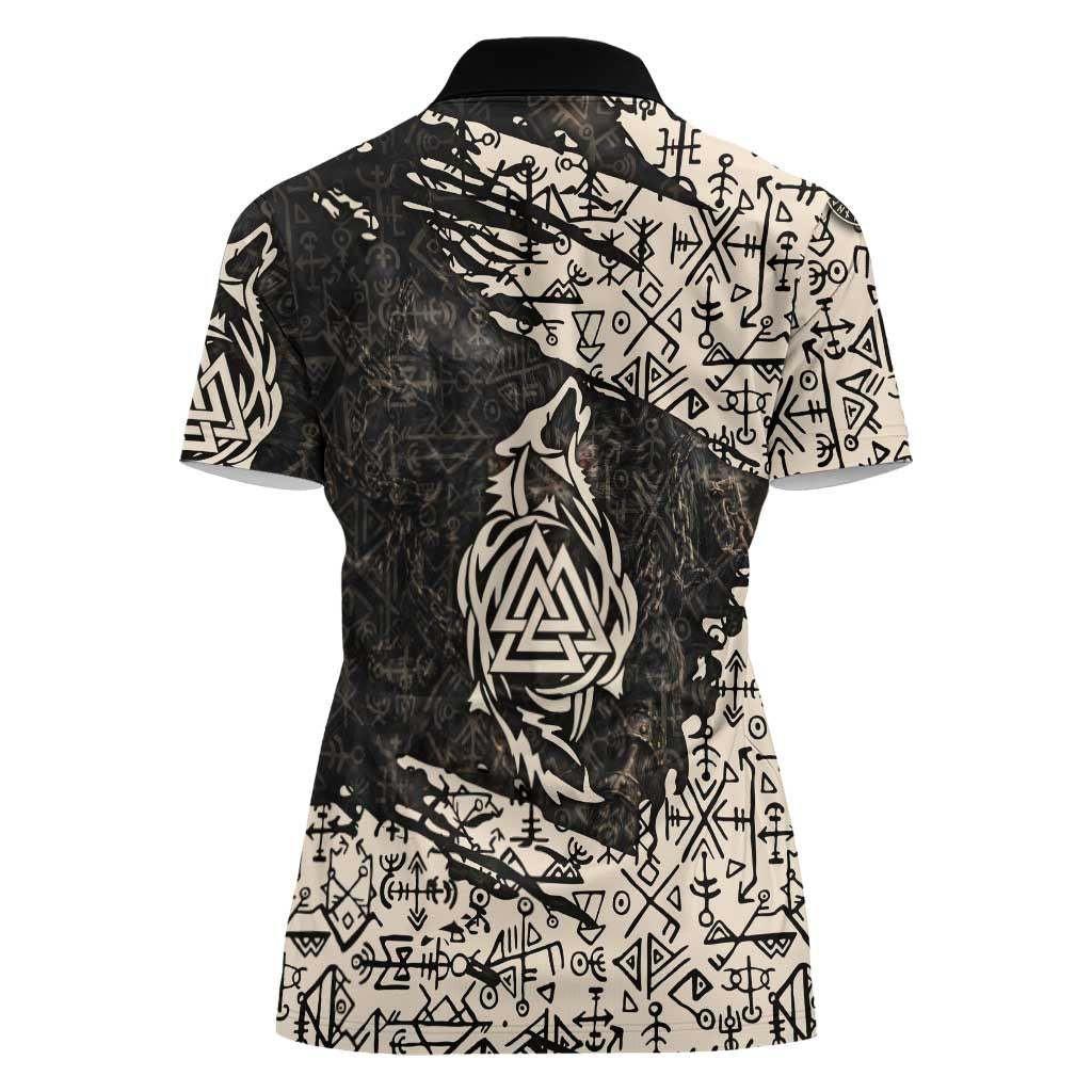 Fenrir Women Polo Shirt with Norse Symbols and Howling Wolf Viking Mythology Tribute - Wonder Print Shop