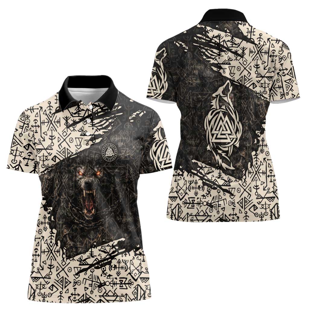 Fenrir Women Polo Shirt with Norse Symbols and Howling Wolf Viking Mythology Tribute - Wonder Print Shop