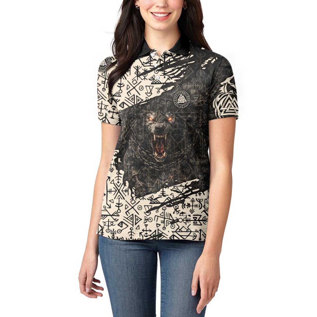 Fenrir Women Polo Shirt with Norse Symbols and Howling Wolf Viking Mythology Tribute - Wonder Print Shop