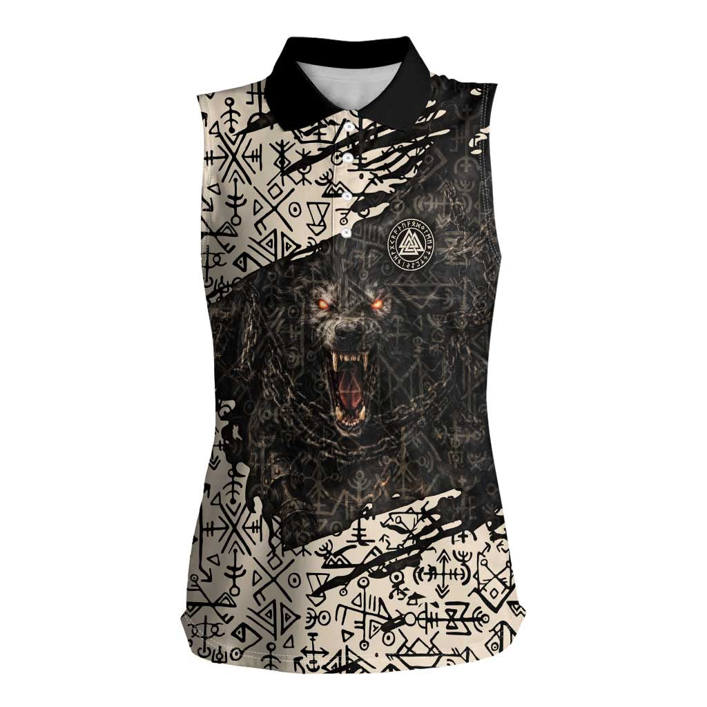 Fenrir Women Sleeveless Polo Shirt with Norse Symbols and Howling Wolf Viking Mythology Tribute - Wonder Print Shop