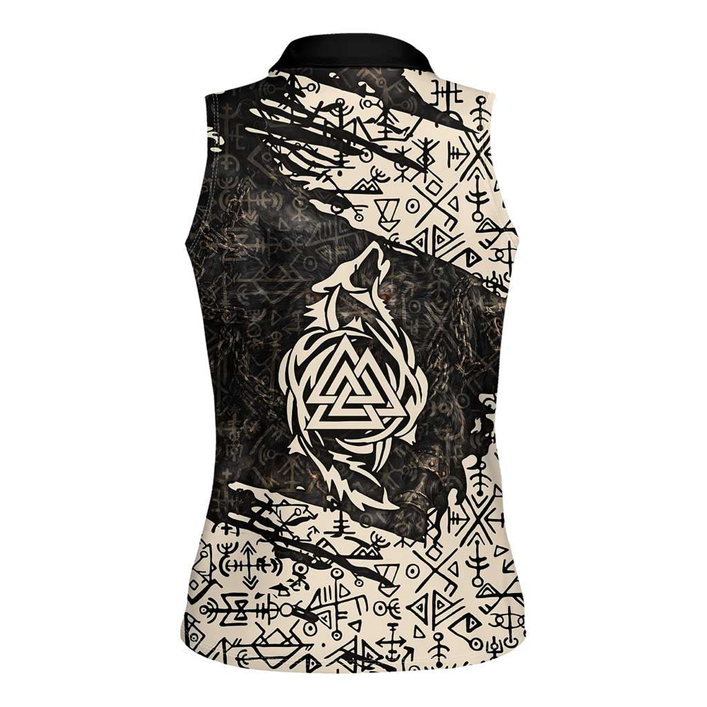Fenrir Women Sleeveless Polo Shirt with Norse Symbols and Howling Wolf Viking Mythology Tribute - Wonder Print Shop