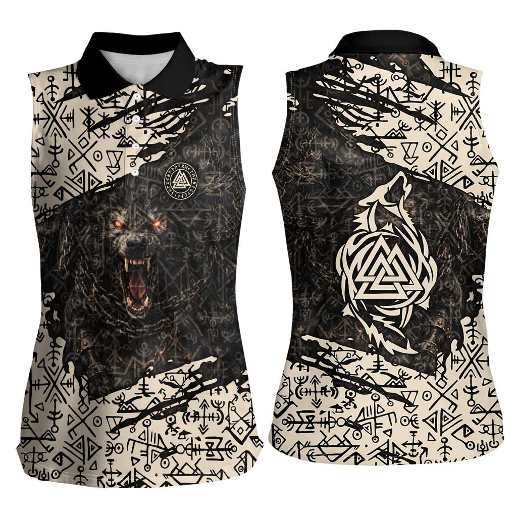Fenrir Women Sleeveless Polo Shirt with Norse Symbols and Howling Wolf Viking Mythology Tribute - Wonder Print Shop