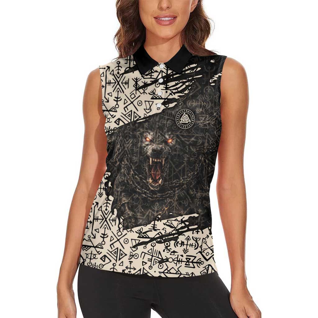 Fenrir Women Sleeveless Polo Shirt with Norse Symbols and Howling Wolf Viking Mythology Tribute - Wonder Print Shop