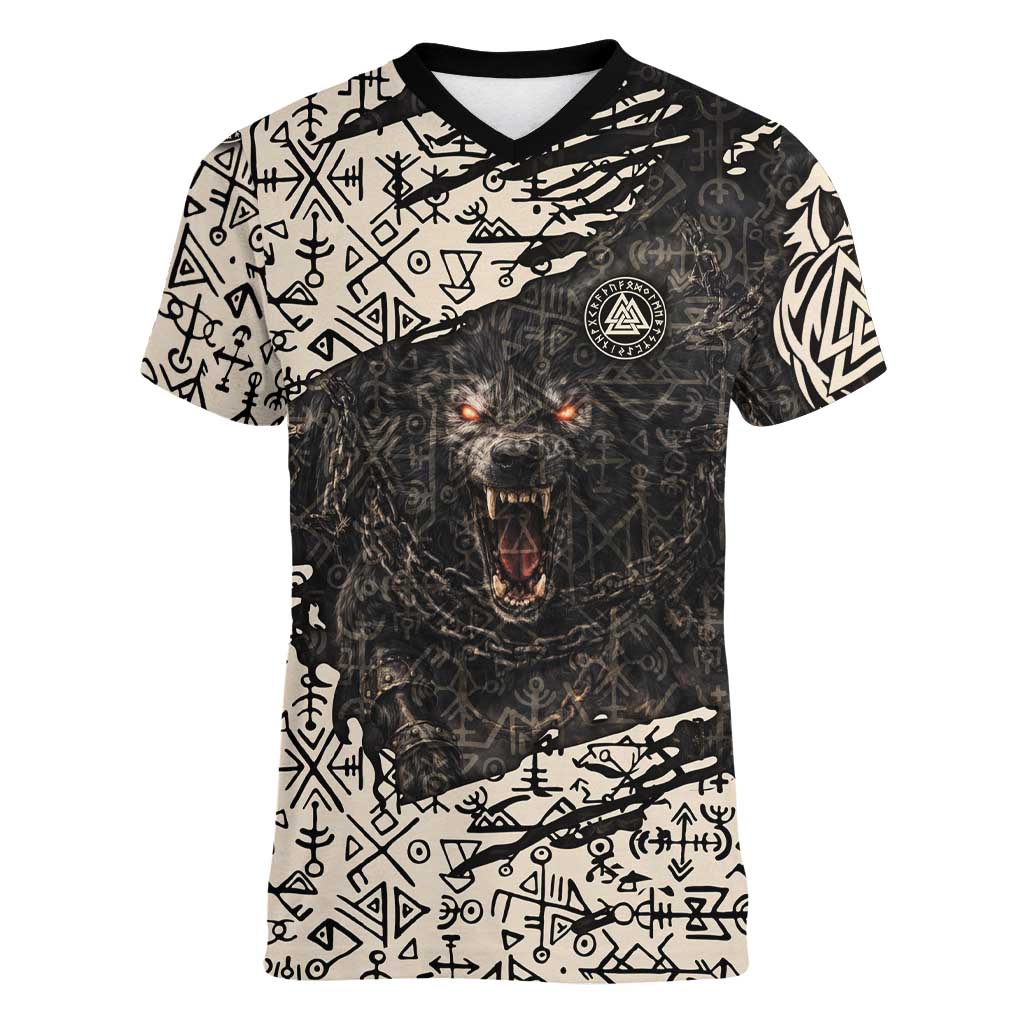 Fenrir Women V-Neck T-Shirt with Norse Symbols and Howling Wolf Viking Mythology Tribute - Wonder Print Shop