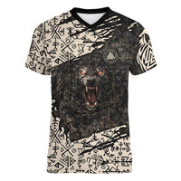 Fenrir Women V-Neck T-Shirt with Norse Symbols and Howling Wolf Viking Mythology Tribute - Wonder Print Shop