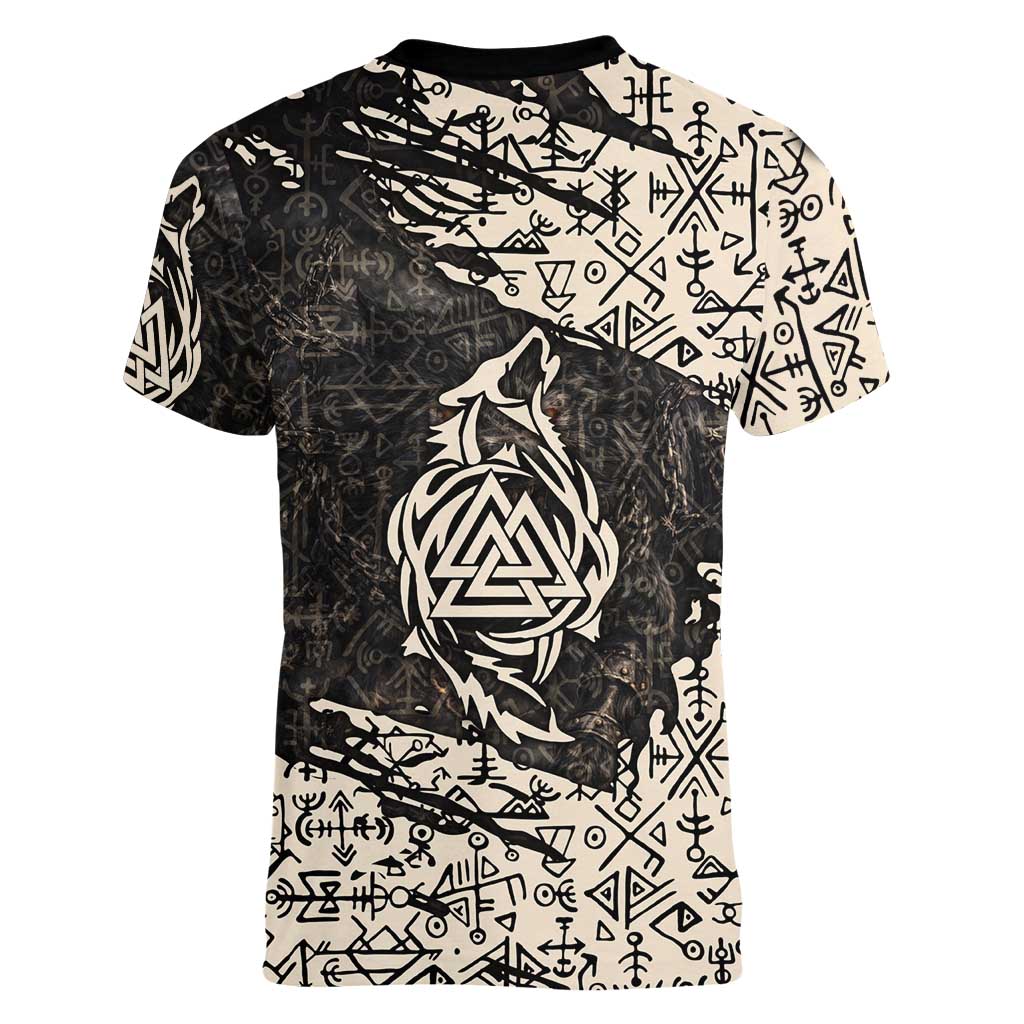 Fenrir Women V-Neck T-Shirt with Norse Symbols and Howling Wolf Viking Mythology Tribute - Wonder Print Shop