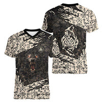 Fenrir Women V-Neck T-Shirt with Norse Symbols and Howling Wolf Viking Mythology Tribute - Wonder Print Shop