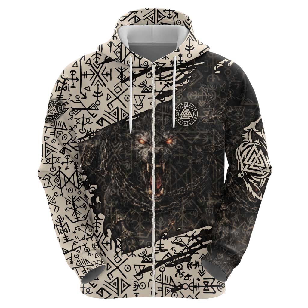 Fenrir Zip Hoodie with Norse Symbols and Howling Wolf Viking Mythology Tribute - Wonder Print Shop