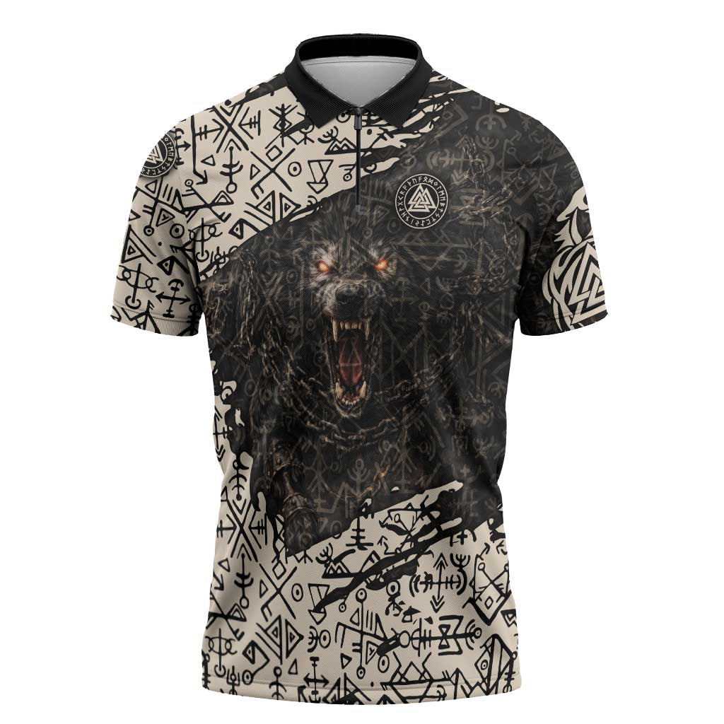 Fenrir Zipper Polo Shirt with Norse Symbols and Howling Wolf Viking Mythology Tribute - Wonder Print Shop