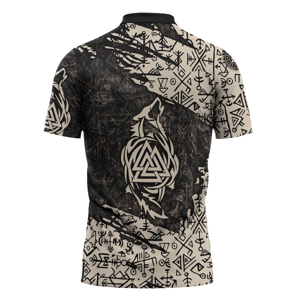 Fenrir Zipper Polo Shirt with Norse Symbols and Howling Wolf Viking Mythology Tribute - Wonder Print Shop