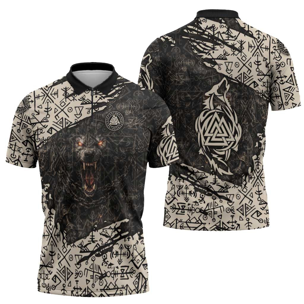 Fenrir Zipper Polo Shirt with Norse Symbols and Howling Wolf Viking Mythology Tribute - Wonder Print Shop
