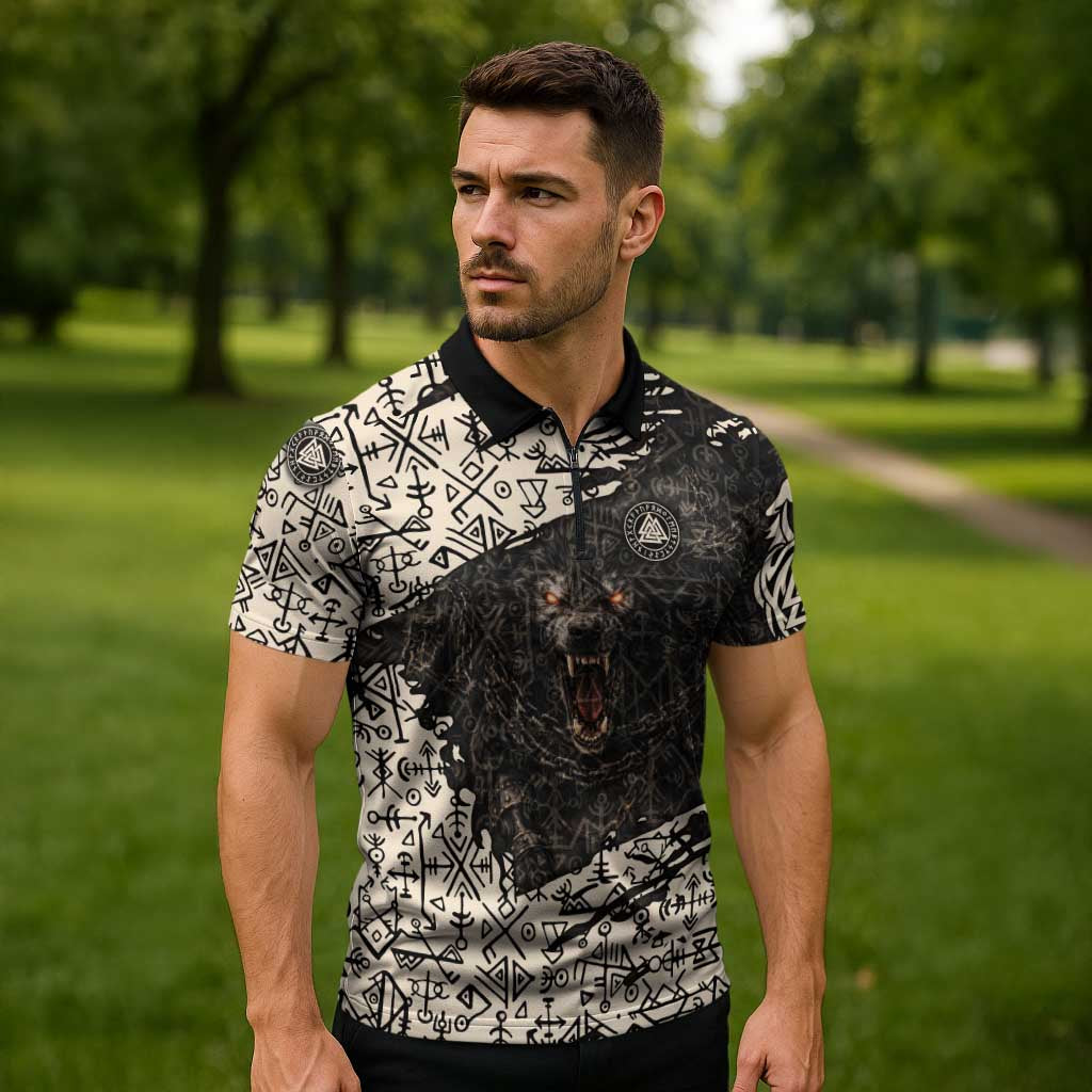 Fenrir Zipper Polo Shirt with Norse Symbols and Howling Wolf Viking Mythology Tribute - Wonder Print Shop
