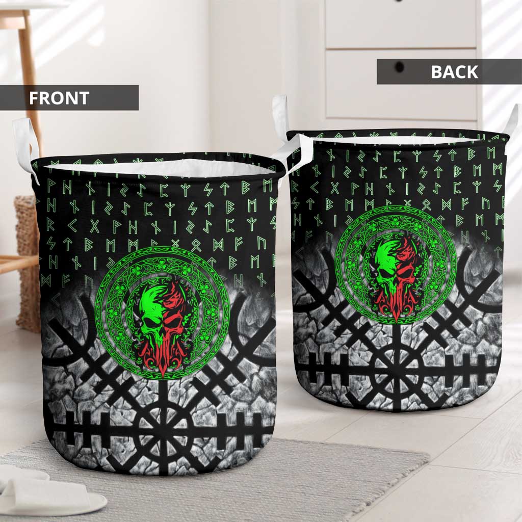 Flaming Skull Laundry Basket with Green Runes and Norse Symbols Viking Warrior Tribute - Wonder Print Shop