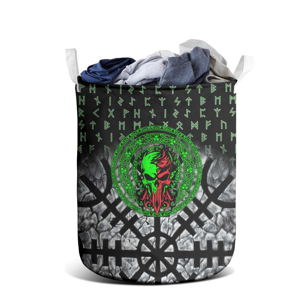 Flaming Skull Laundry Basket with Green Runes and Norse Symbols Viking Warrior Tribute - Wonder Print Shop