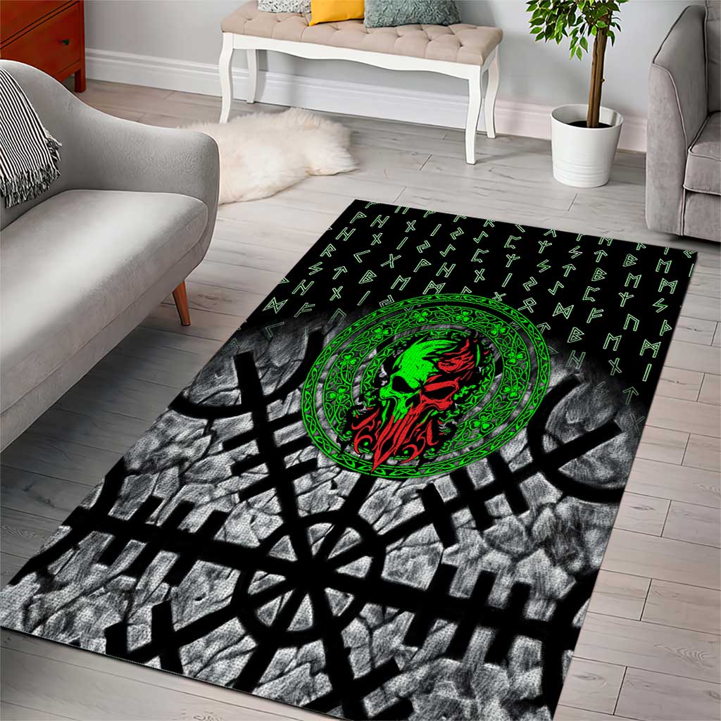 Flaming Skull Area Rug with Green Runes and Norse Symbols Viking Warrior Tribute - Wonder Print Shop