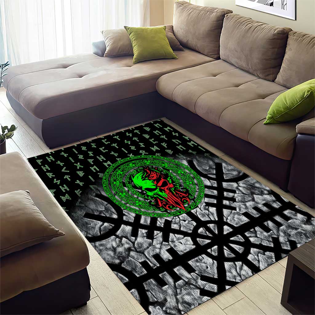 Flaming Skull Area Rug with Green Runes and Norse Symbols Viking Warrior Tribute - Wonder Print Shop