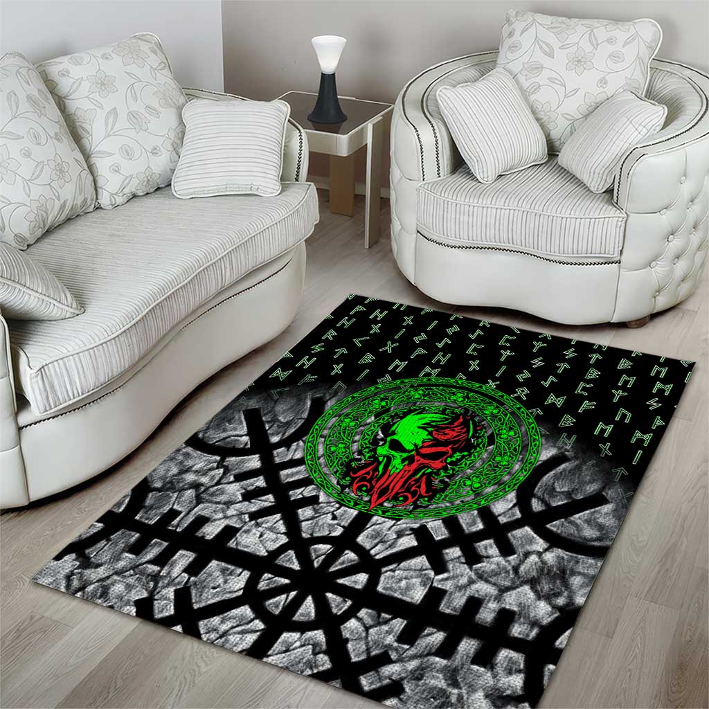 Flaming Skull Area Rug with Green Runes and Norse Symbols Viking Warrior Tribute - Wonder Print Shop