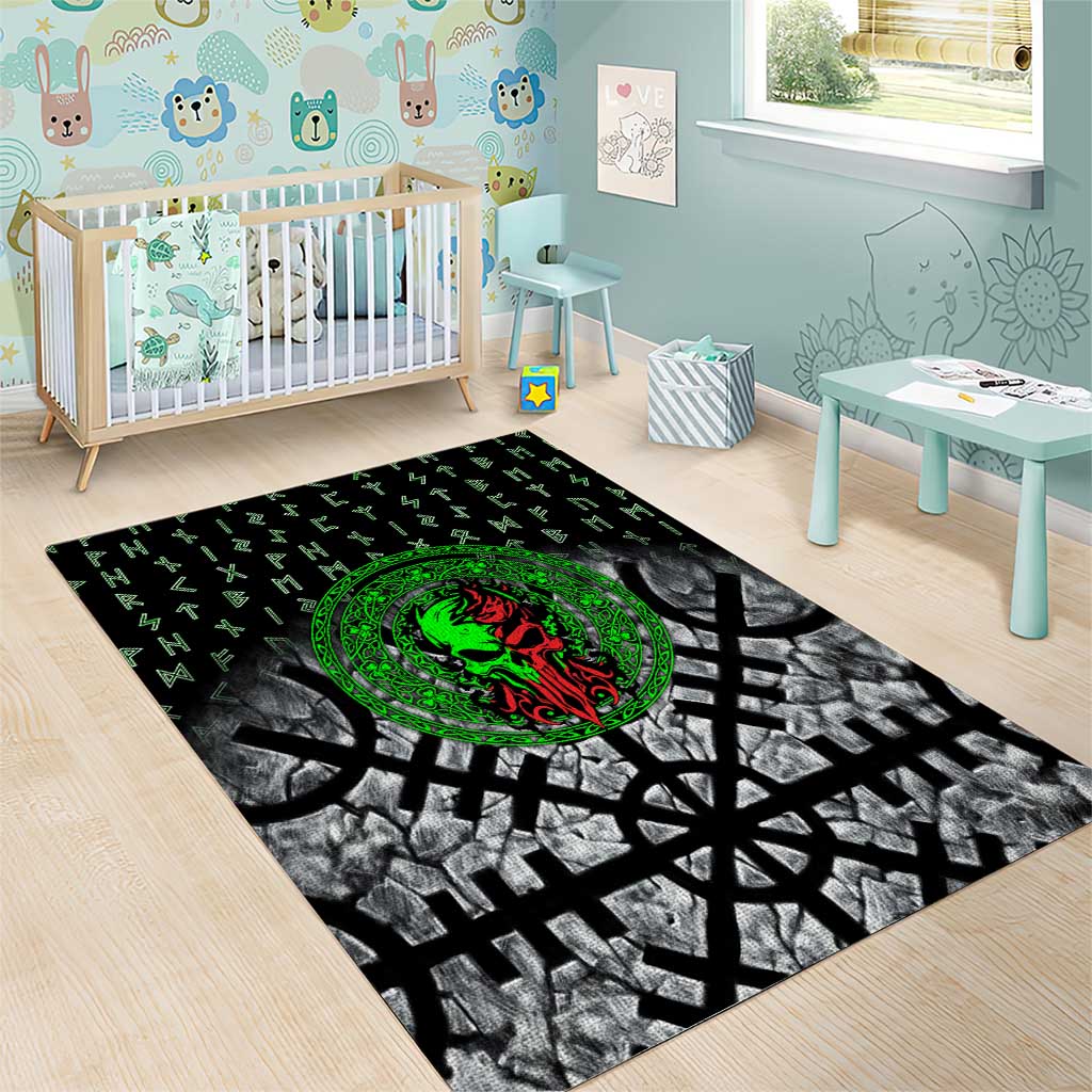 Flaming Skull Area Rug with Green Runes and Norse Symbols Viking Warrior Tribute - Wonder Print Shop