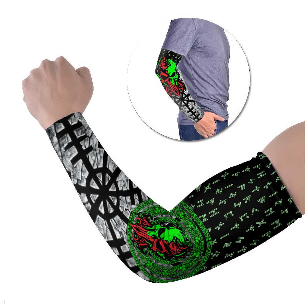 Flaming Skull Arm Sleeves with Green Runes and Norse Symbols Viking Warrior Tribute - Wonder Print Shop