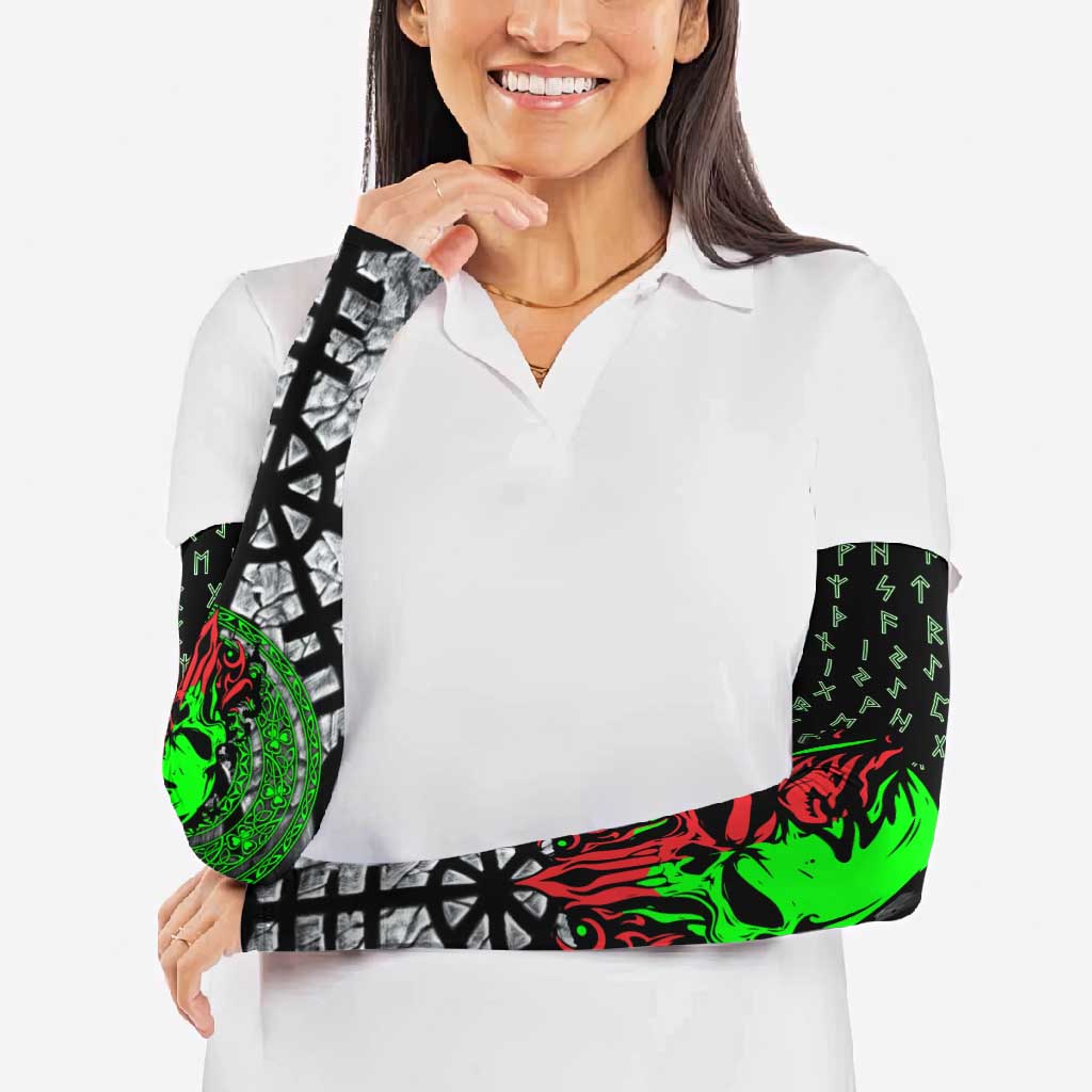 Flaming Skull Arm Sleeves with Green Runes and Norse Symbols Viking Warrior Tribute - Wonder Print Shop
