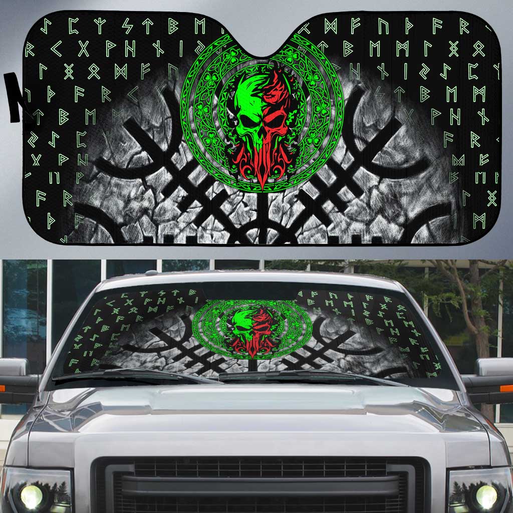 Flaming Skull Auto Sun Shade with Green Runes and Norse Symbols Viking Warrior Tribute - Wonder Print Shop