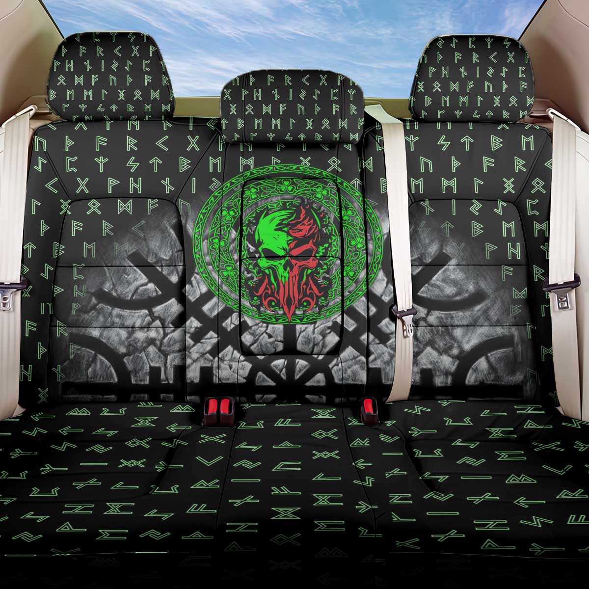 Flaming Skull Back Car Seat Cover with Green Runes and Norse Symbols Viking Warrior Tribute - Wonder Print Shop