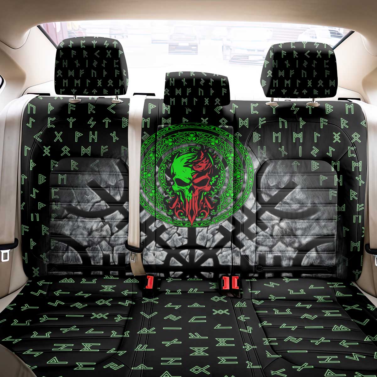 Flaming Skull Back Car Seat Cover with Green Runes and Norse Symbols Viking Warrior Tribute - Wonder Print Shop