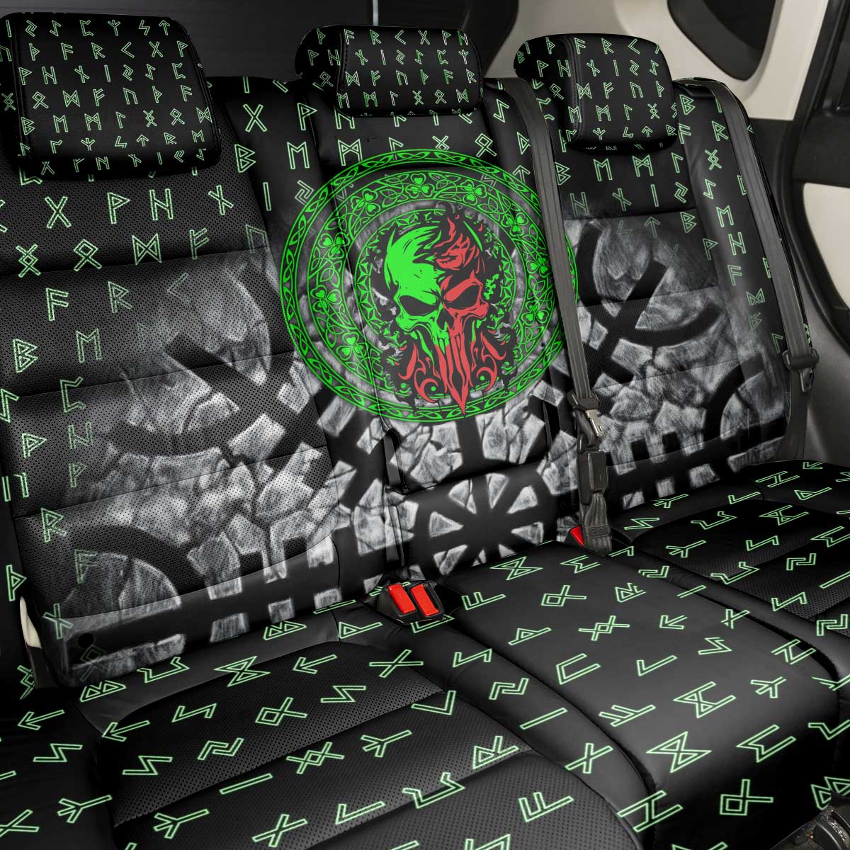 Flaming Skull Back Car Seat Cover with Green Runes and Norse Symbols Viking Warrior Tribute - Wonder Print Shop