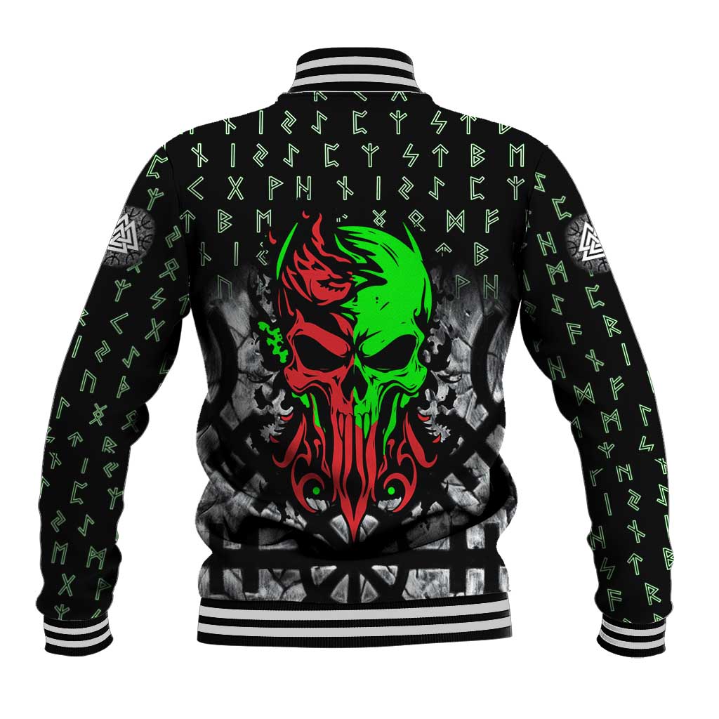 Flaming Skull Baseball Jacket with Green Runes and Norse Symbols Viking Warrior Tribute - Wonder Print Shop