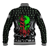 Flaming Skull Baseball Jacket with Green Runes and Norse Symbols Viking Warrior Tribute - Wonder Print Shop