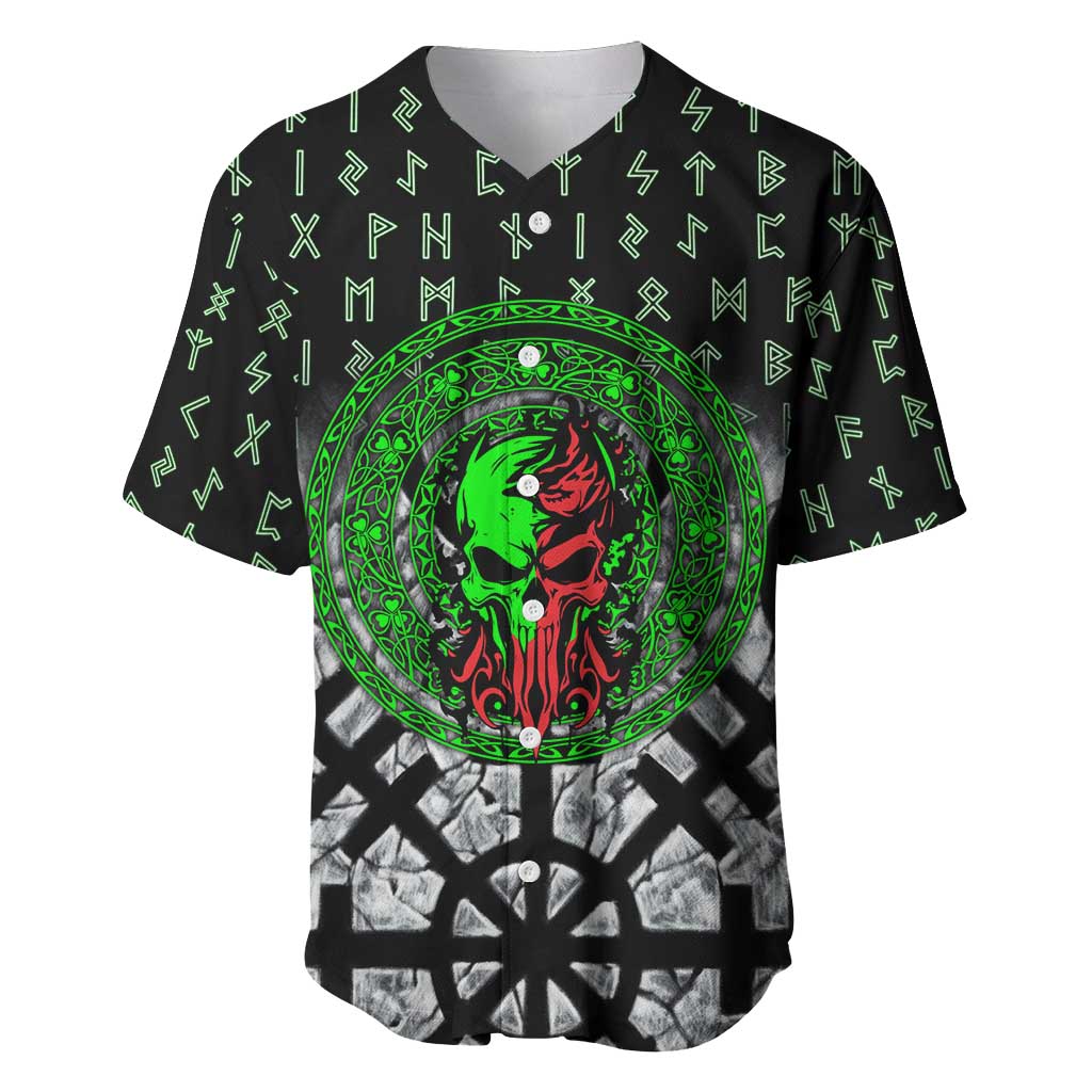Flaming Skull Baseball Jersey with Green Runes and Norse Symbols Viking Warrior Tribute - Wonder Print Shop