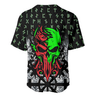 Flaming Skull Baseball Jersey with Green Runes and Norse Symbols Viking Warrior Tribute - Wonder Print Shop