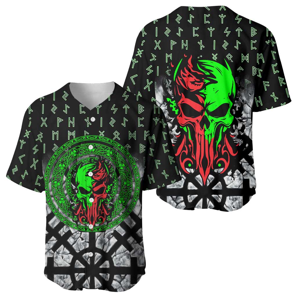 Flaming Skull Baseball Jersey with Green Runes and Norse Symbols Viking Warrior Tribute - Wonder Print Shop