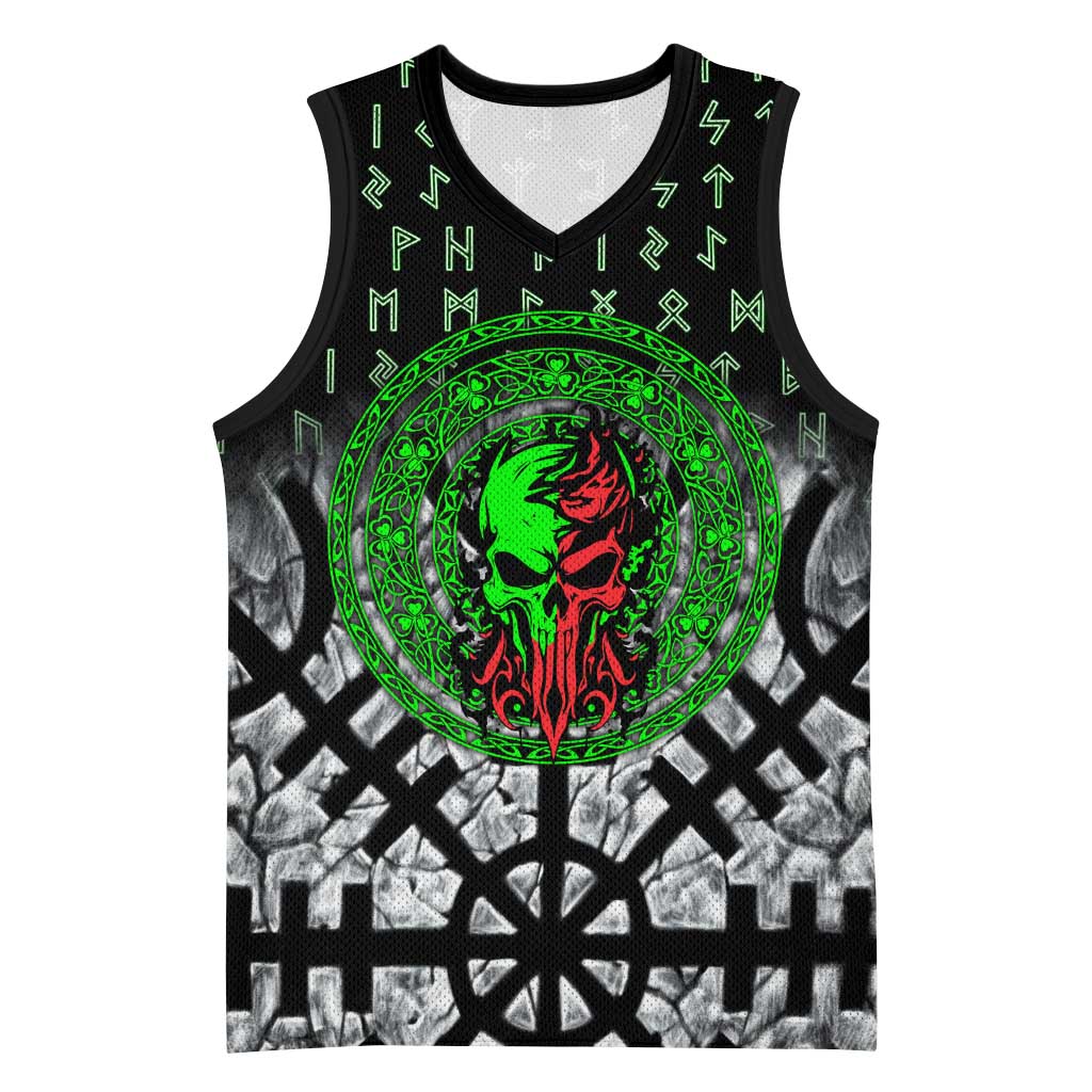 Flaming Skull Basketball Jersey with Green Runes and Norse Symbols Viking Warrior Tribute - Wonder Print Shop
